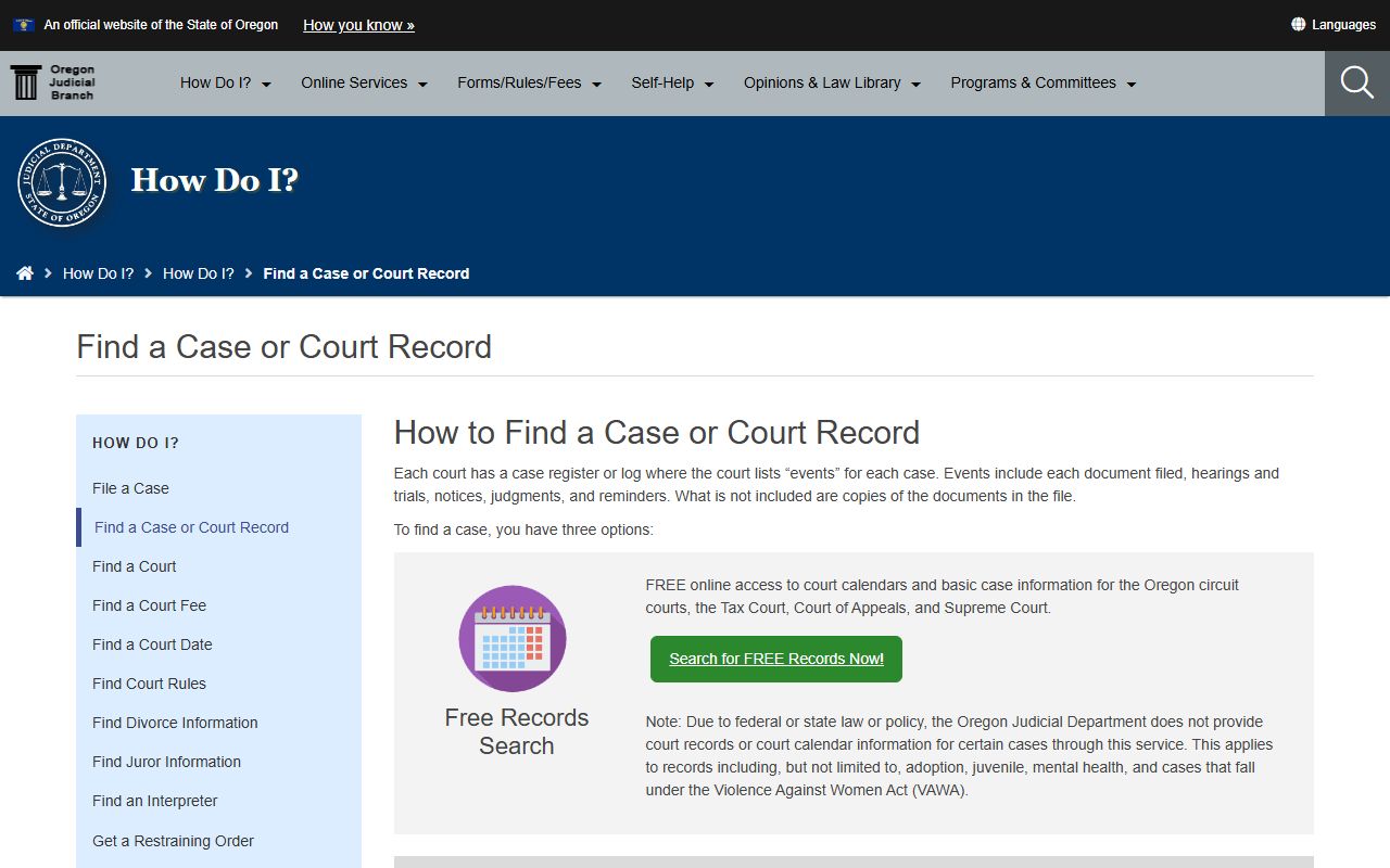 Oregon criminal court records search main page on the OJD website