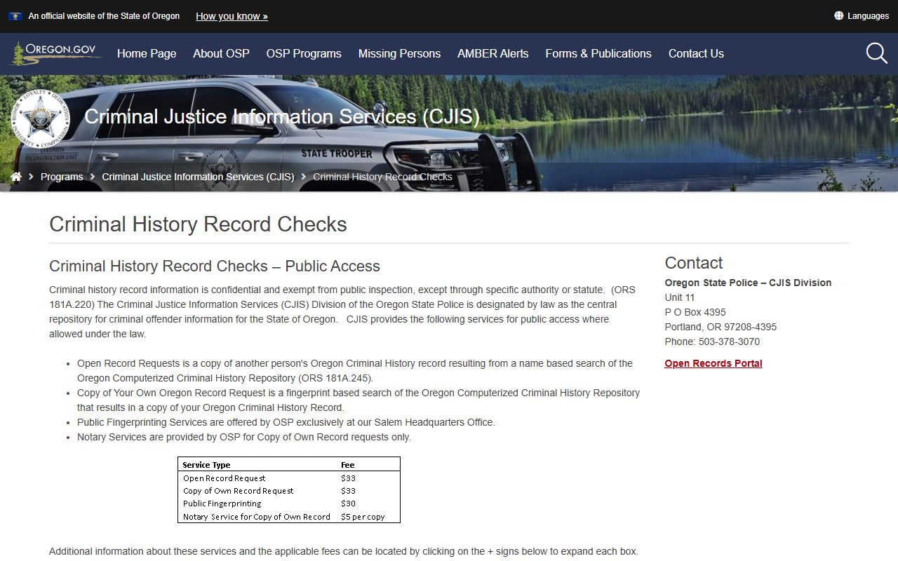 Oregon State Police criminal history records request portal